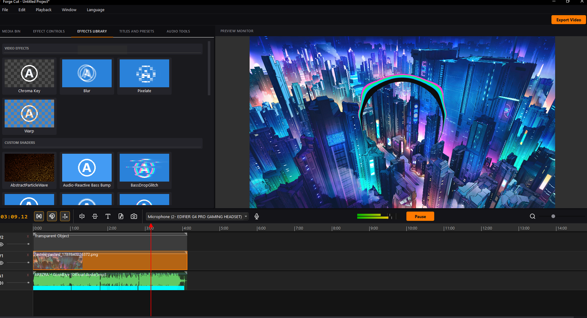 ForgeCut desktop video editor showing its preview, editing timeline, and creative tools